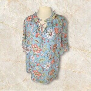 Loft Plus Blouse Sz 18 Sheer Ruffle Lined Floral Front Tie Elbow Length Sleeve